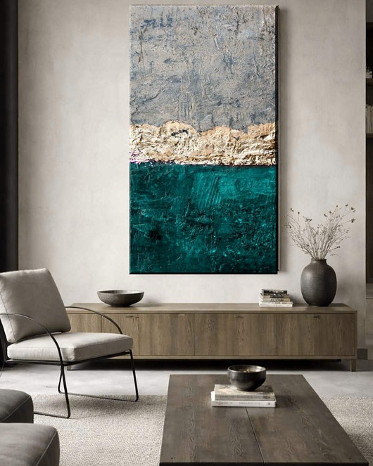 obrazy Obraz artystyczny 80x160cm w kolorach turkus złoto brudna biel