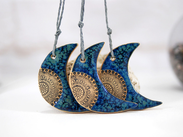 Ozdoby na ścianę Księżyce z mandalą - ceramiczne ozdoby wiszące