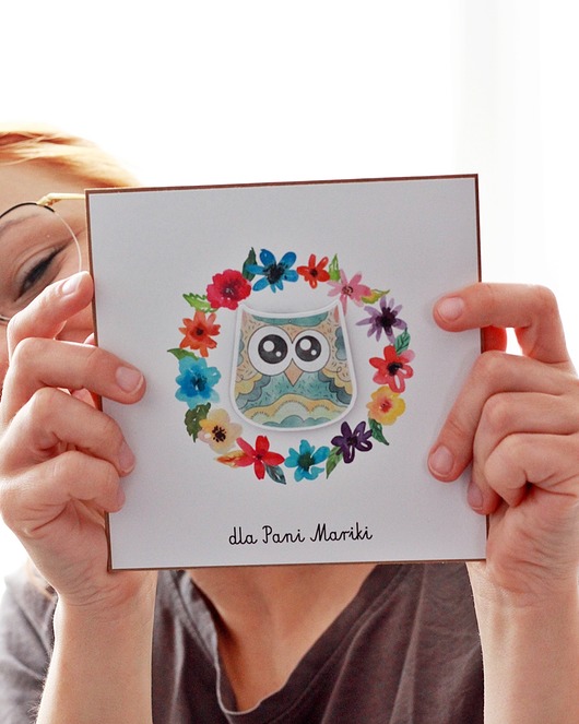 kartki scrapbooking Sowa w kwiatach. Kartka dla nauczycieli lub uczniów