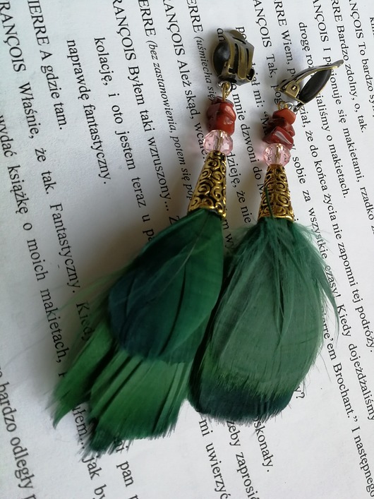  klipsy etno boho zielone piórka handmade ruda klara