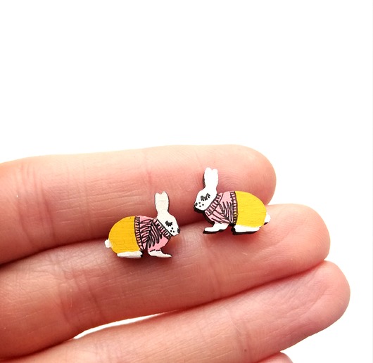 kolczyki drewniane Zające malowane
