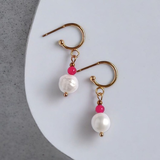 kolczyki z kamieniami Kolczyki FUCHSIA & PEARL collection: perła i agat : sztyfty-kółka