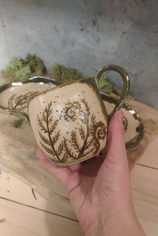 kubki Kubek malowany ręcznie 300ml + talerzyk " Paprocie "