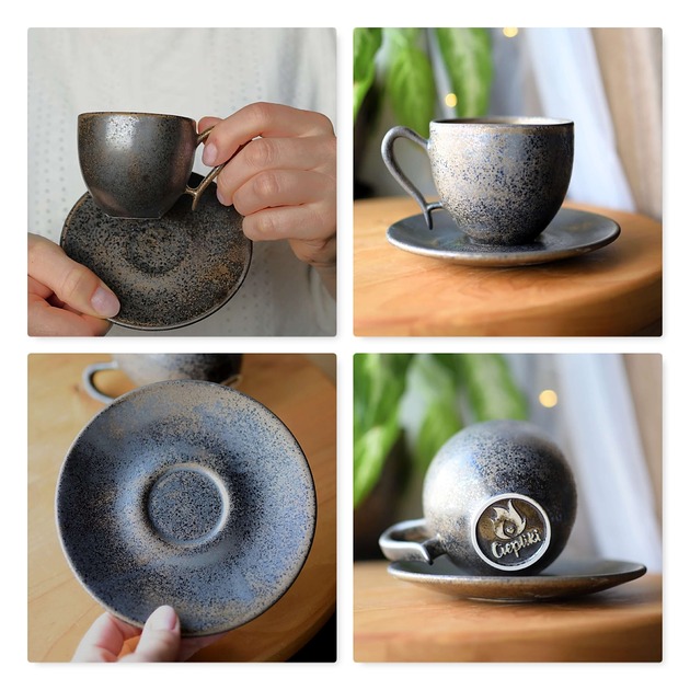 filiżanki Filiżanka espresso 80ml ceramiczna Srebro i Złoto Rękodzieło