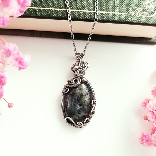 wisiory Naszyjnik Larvikit stal chirurgiczna wisiorek handmade wirewrapping