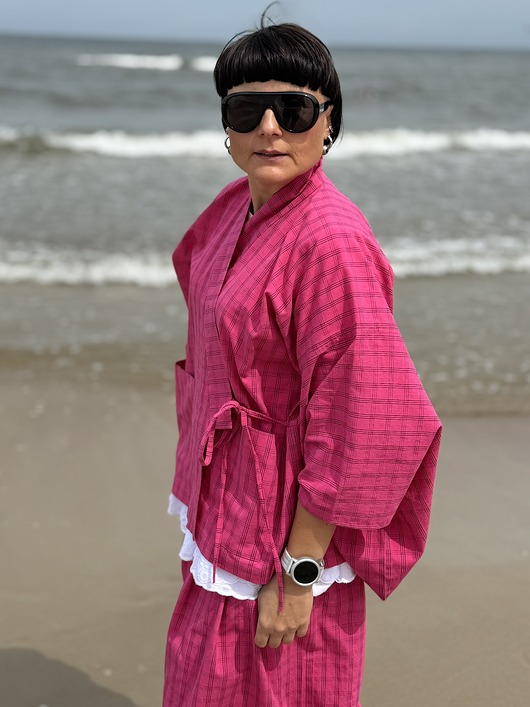 komplety damskie Żakardowy komplet Pink - kimono i kuloty