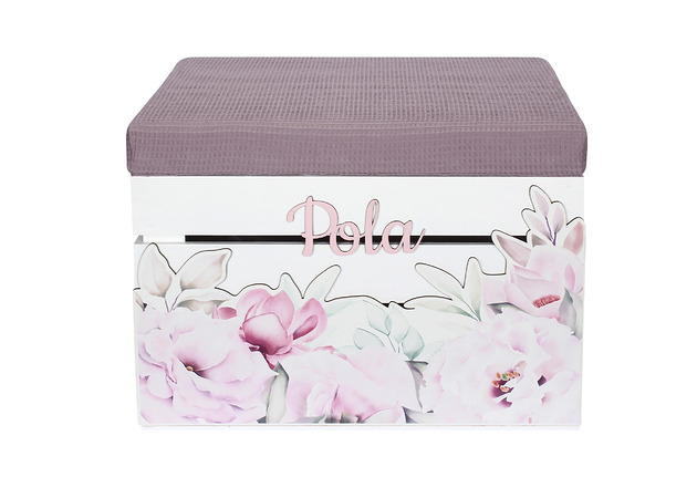 pojemniki na zabawki PERSONALIZOWANA SKRZYNIA piwonie z siedziskiem meble dzieciece