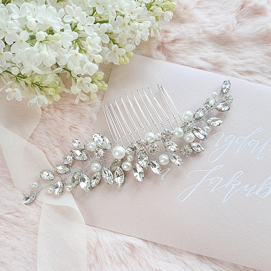 Ślubne ozdoby do włosów Kryształowy grzebień ślubny - perłowy
