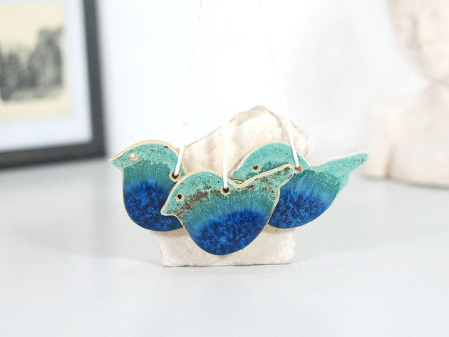 ozdoby wielkanocne Turkusowe ptaszki - ozdoby ceramiczne do powieszenia
