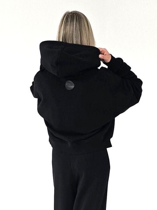 bluza z kapturem damska Czarna kangurka o pudełkowym kroju