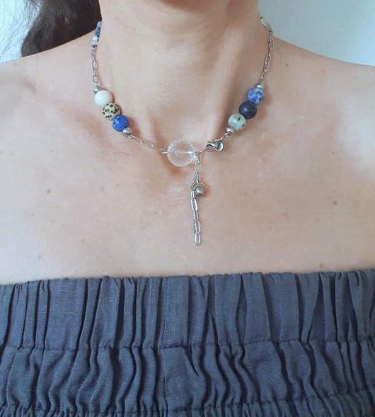 chokery Naszyjnik FANABERIA łańcuchy, kulki kryształ górski, niebieski