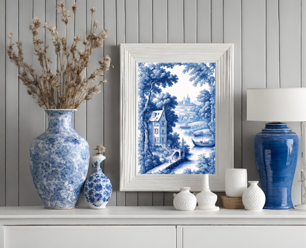 plakaty PLAKAT Toile de jouy, biało niebieska dekoracja, chinoiserie