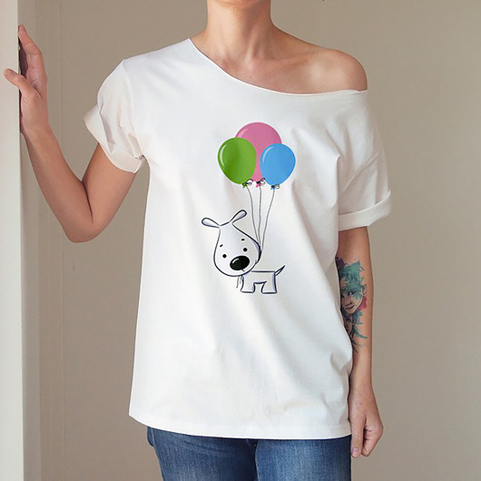 t-shirt damskie Piesek baloniki Biały Oversize