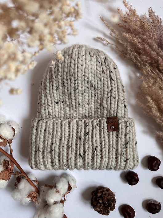 czapki damskie Gruba wełniana czapka oversize z bardzo szerokim wywinięciem - tweed naturalny