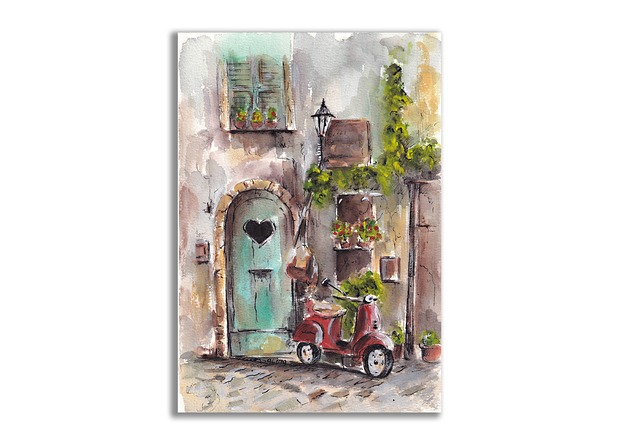 grafiki i ilustracje Akwarela ręcznie malowana oryginalna "Włoska Uliczka ze Skuterem"