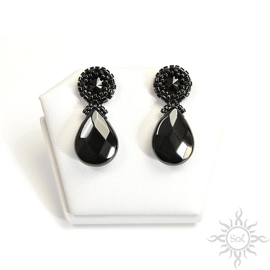 kolczyki swarovski Kol III, eleganckie kolczyki z onyksem, beading