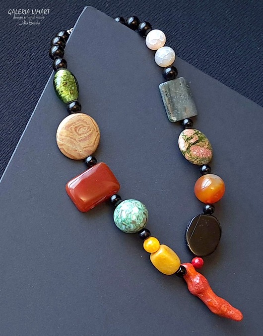 korale Ekskluzywny naszyjnik z mixu minerałów modny elegancki handmade PREZENT lux