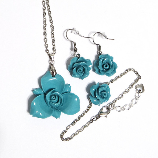 komplet biżuterii Komplet 2 - Turkusowo niebieska róża - koral