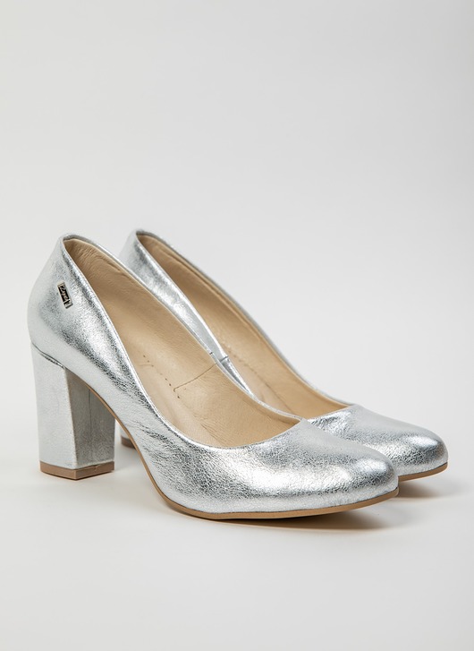 czółenka damskie SKÓRZANE CZÓŁENKA ZAPATO 042 SREBRNY PRZECIERKA