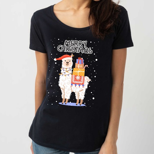 t-shirt damskie Koszulka damska organiczna Merry Christmas Lama