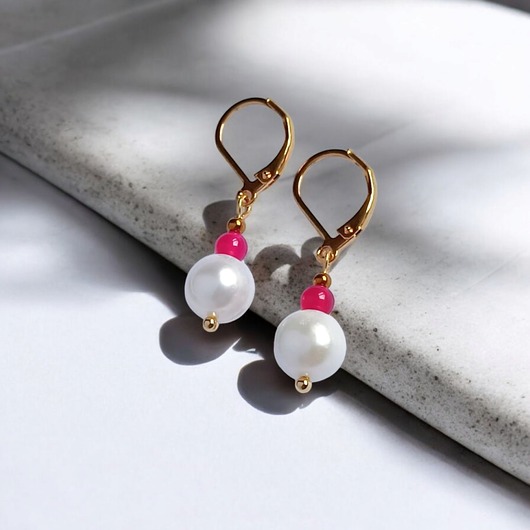 kolczyki z kamieniami Kolczyki FUCHSIA & PEARL collection: perła i agat : krótkie
