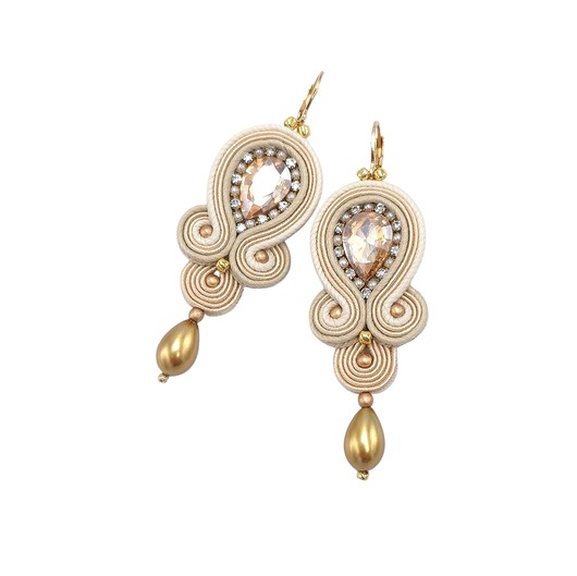 kolczyki soutache Kolczyki sutasz kremowo złote klasyczne z kryształkiem Ana