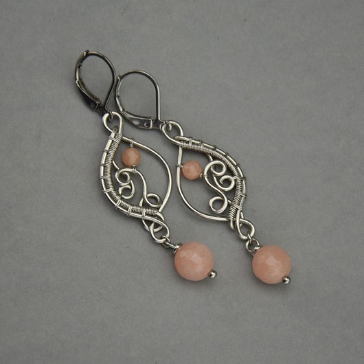 kolczyki wire wrapping Długie kolczyki kamień słoneczny wire wrapping