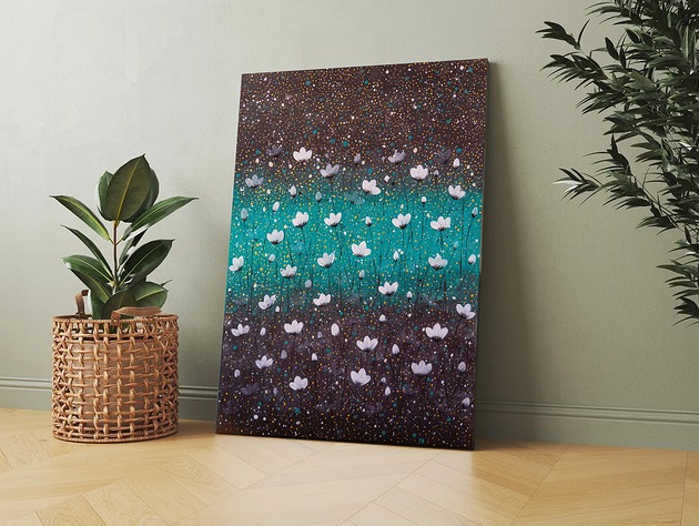 obrazy Obraz na płótnie 50x70cm. Białe kwiaty na turkusie