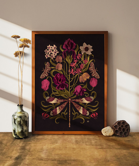 plakaty Kwiaty i ważka, plakat botaniczny, plakat kwiaty, plakat ważka