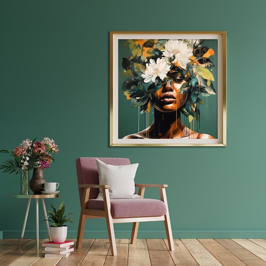 plakaty Plakat portret czarnoskórej kobiety z kwiatami na zielonym tle