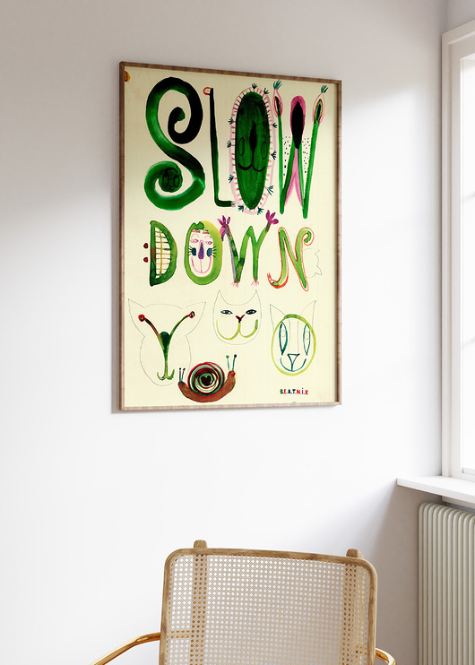 plakaty Plakat  SLOW DOWN grafika ślimak BALANS PRACA ilustracja do domu