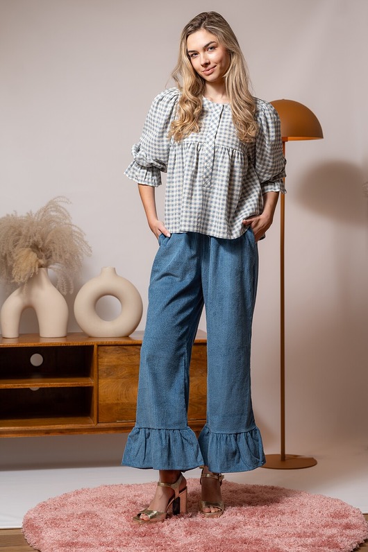 spodnie materiałowe damskie Sztruksowe spodnie z falbanką, FELICJA DENIM BLUE