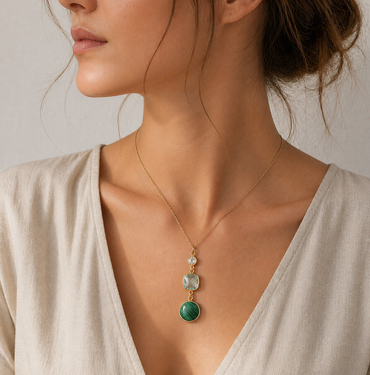 wisiory Naszyjnik CALMGREEN,szlachetne  kamienie malachit topaz cyrkonia