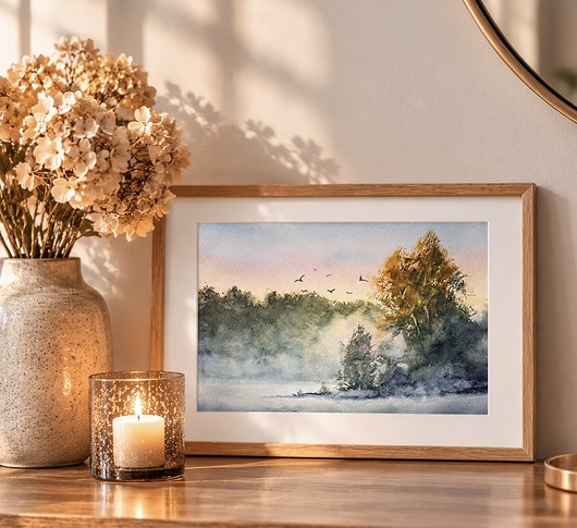 obrazy Akwarela - Mglisty Brzeg oprawiony w passe-partout 30x40 cm