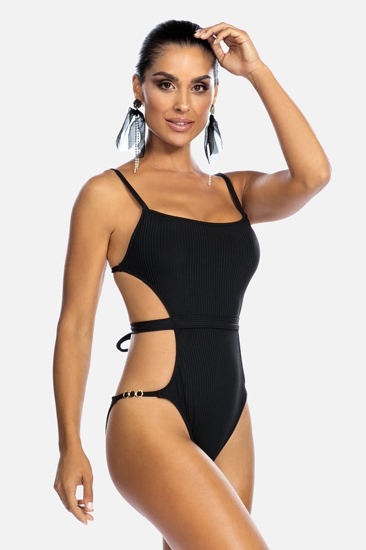 stroje kąpielowe i kostiumy kąpielowe damskie Monokini w czarne prążki wycięte z boku Feba