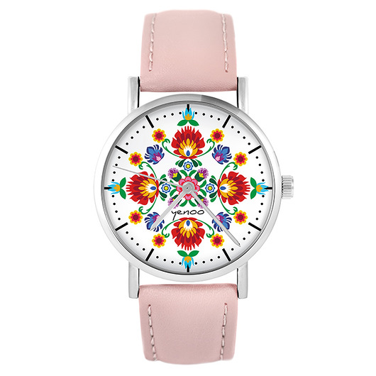 zegarki damskie Zegarek - Folkowa mandala - skóra, pudrowy róż