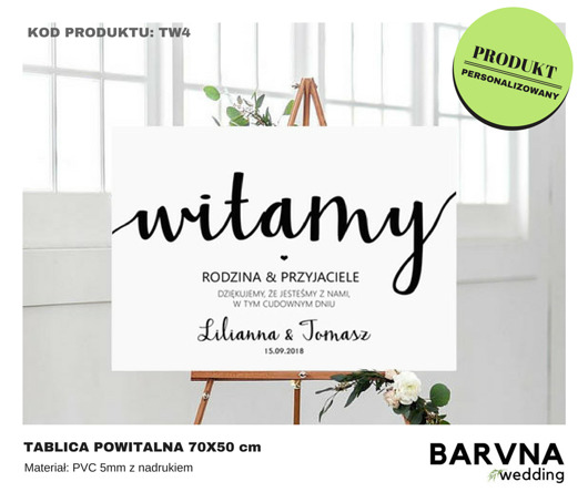 Tablica powitalna gości z napisem "WITAMY" BARVNA