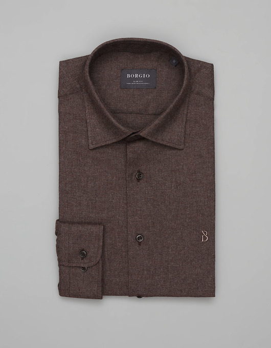 koszule męskie Koszula flumeri 00512 długi rękaw brąz slim fit