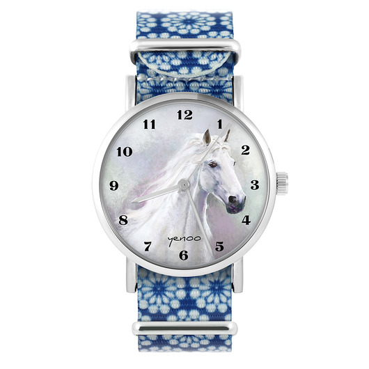 zegarki damskie Zegarek - Biały koń - niebieski, kwiaty
