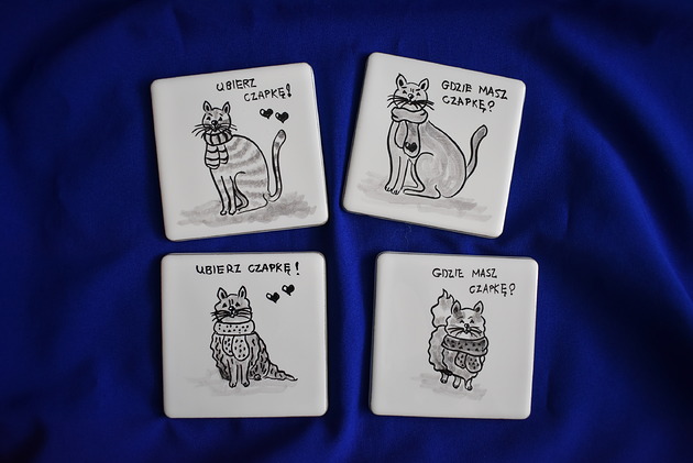 podkładki do kuchni Kafle ręcznie malowane- podkładki ceramiczne koty
