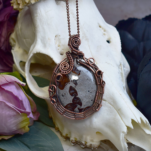 wisiory Miedziany wisiorek wire wrapping z jaspisem Coffee Bean