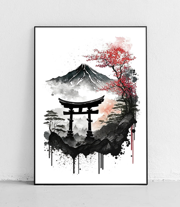 plakaty Plakat Góra Fuji z czerwoną wiśnią i Torii