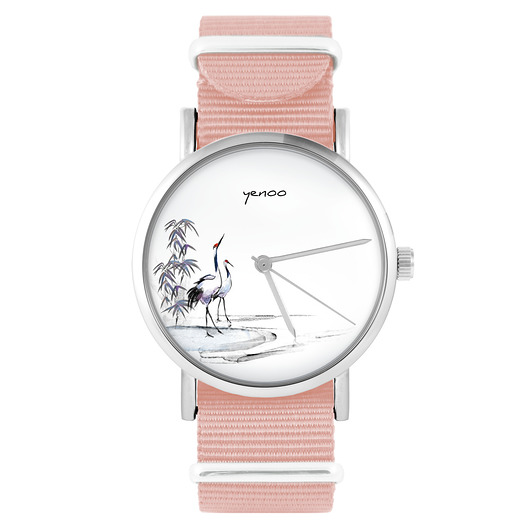 zegarki damskie Zegarek - Japońskie żurawie - brzoskwiniowy róż