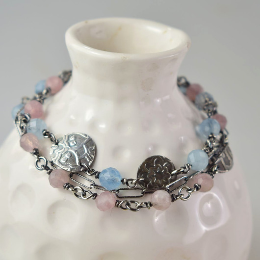 bransoletki z kamieni naturalnych Elnora - srebrna bransoletka z kwarcem różowym i akwamarynem