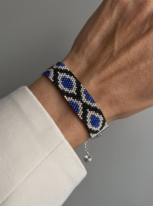 bransoletki ze szkła Granatowa srebrna bransoletka z koralików Miyuki - ornamental