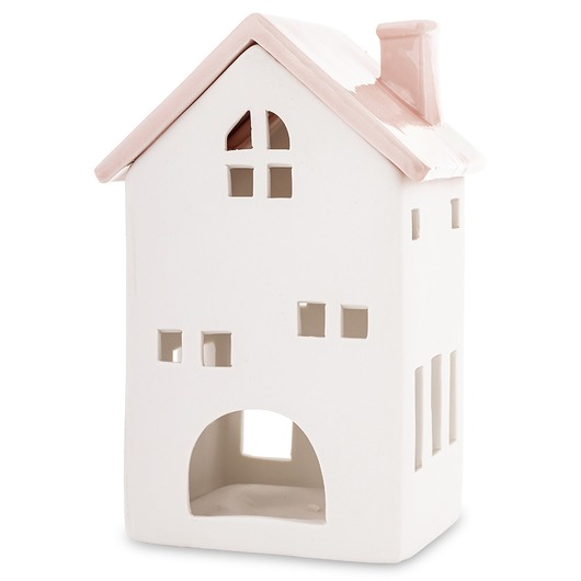 dekoracje świetlne Ceramiczny domek na tea-lighty 19x10,5 cm z różowym dachem