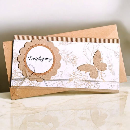 kartki scrapbooking Podziękowanie : dziękujemy : kartka-kopertówka : beż