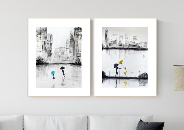 Zestaw 2 obrazów 30 x 40 cm malowany ręcznie MiniMalArt