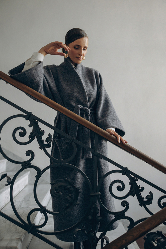 płaszcze damskie Płaszcz / kimono wełniane HARUTO SUN ze stójką - szary melanż