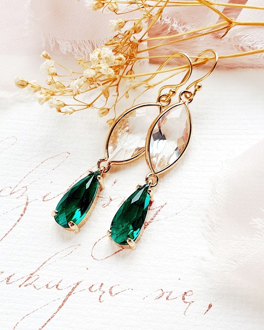 Biżuteria ślubna Długie, kryształowe kolczyki ślubne ETHERICA EMERALD